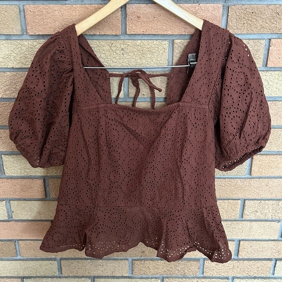 NWT Band of the Free Smocked Peplum Crop Cotton Eyelet Lace Top Brown Size Large - Picture 1 of 6